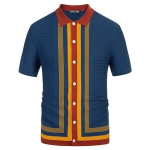 NWT PJ PAUL JONES Men’s 70s Vintage Knit Polo Shirt – Dark Blue, Small